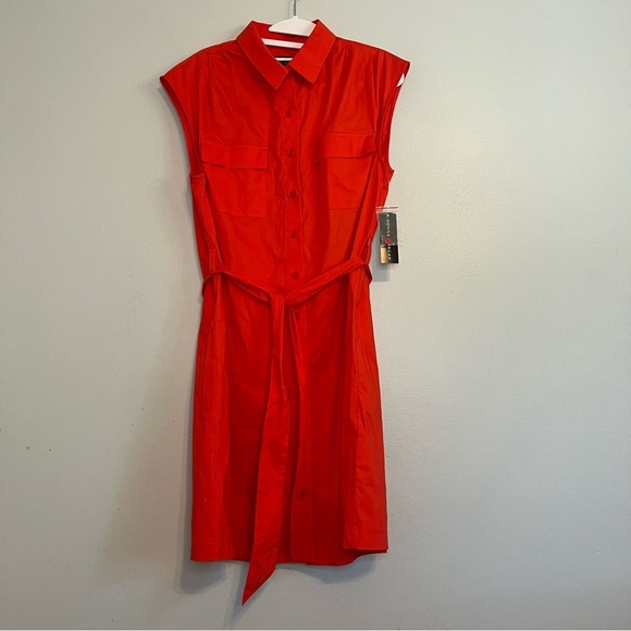 NWT Donna Morgan Sleeveless Button Front Shirt Dress Sz 10 Red Belted Preppy - Picture 1 of 11